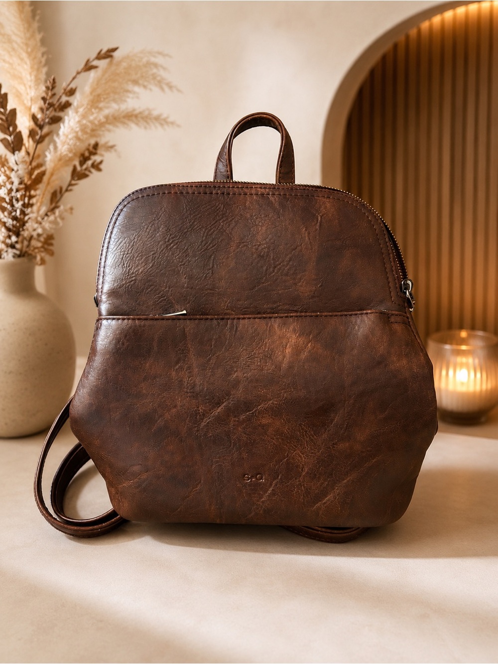 Minimal Distressed Brown Vegan Leather Backpack